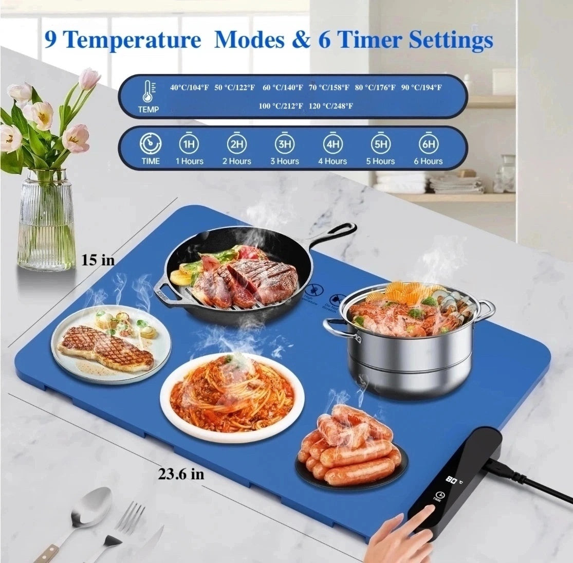 Electric Warming Tray - Full Surface Heating,Rollable & Portable,Premium Silicone Nano-Material,9 Temperature Settings,Food Warmer for Everyday Use