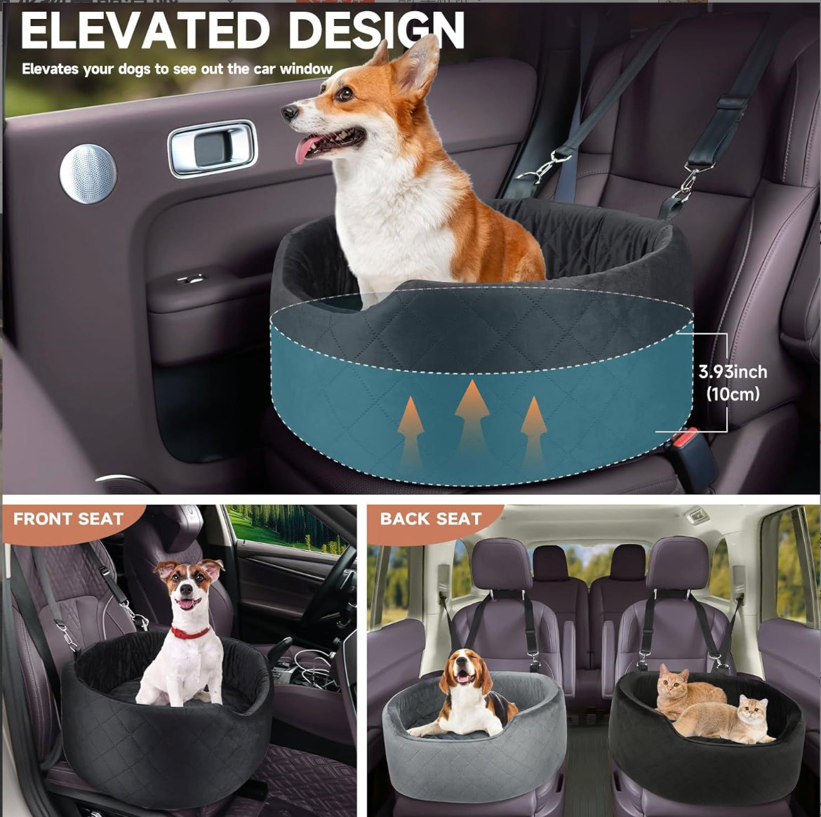 Comfy and Safe Dog Car Seat for Small Dogs, Comfy Car Dog Bed with 2 Clip-On Safety Leashes, Pet Travel Car Seat with Ultra Soft Fabric, Easy to Install and Fully Removable Washable